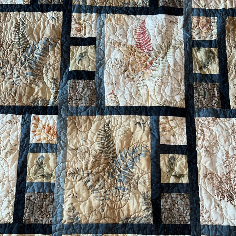 Handmade Patchwork throw Quilt with Earth Tones Ferns Fall 48” x 68”